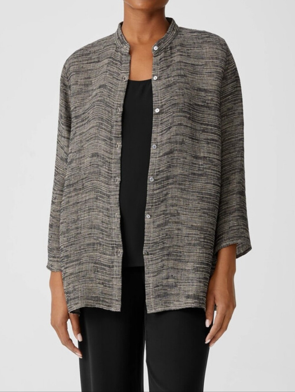 EILEEN FISHER Organic Linen L Gauze Strata Mandarin Collar Button Shirt NWT